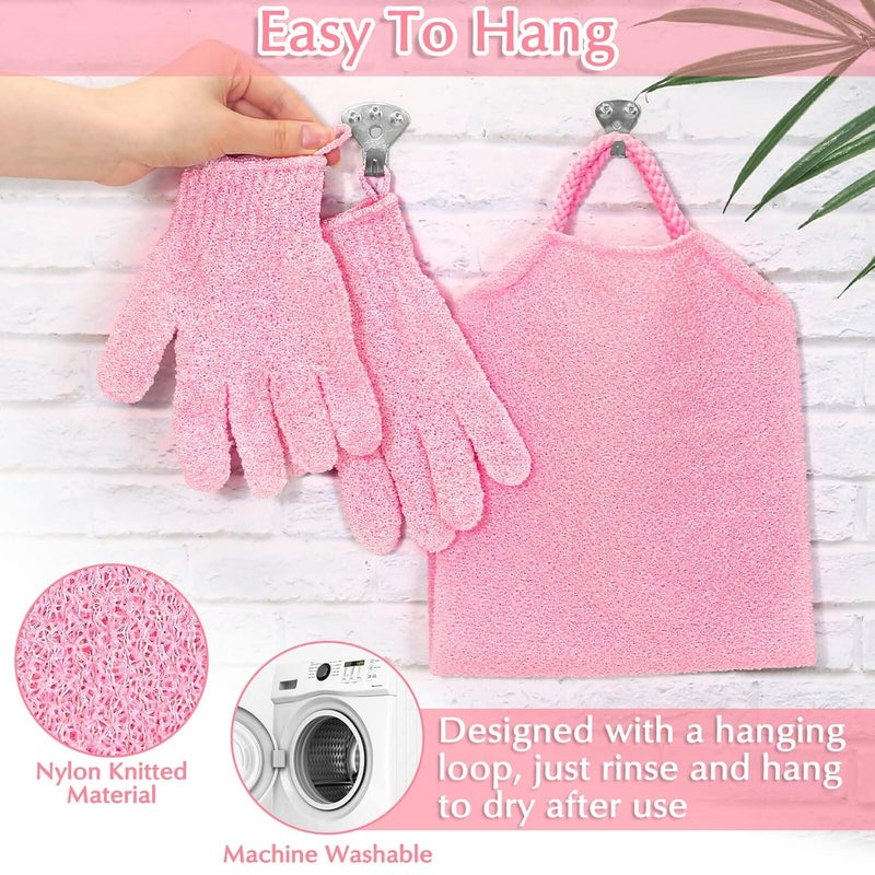 anezus Exfoliating Shower Bath Gloves Back Scrubber Set for Body, Face, Shower, Bath, Scrub and Exfoliator (Pink) - Image 4